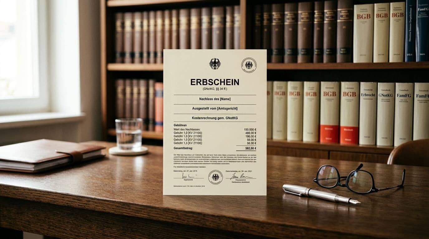 Offizielles Erbschein-Dokument auf einem dunklen Notarstisch mit Füllfederhalter und Lesebrille
