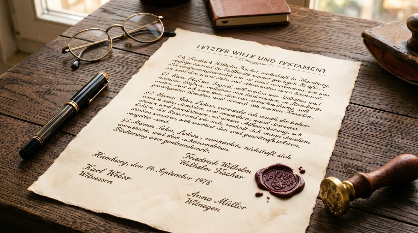 Handschriftliches Testament auf cremefarbenem Papier mit Füllfederhalter und Siegellack — Vorlage