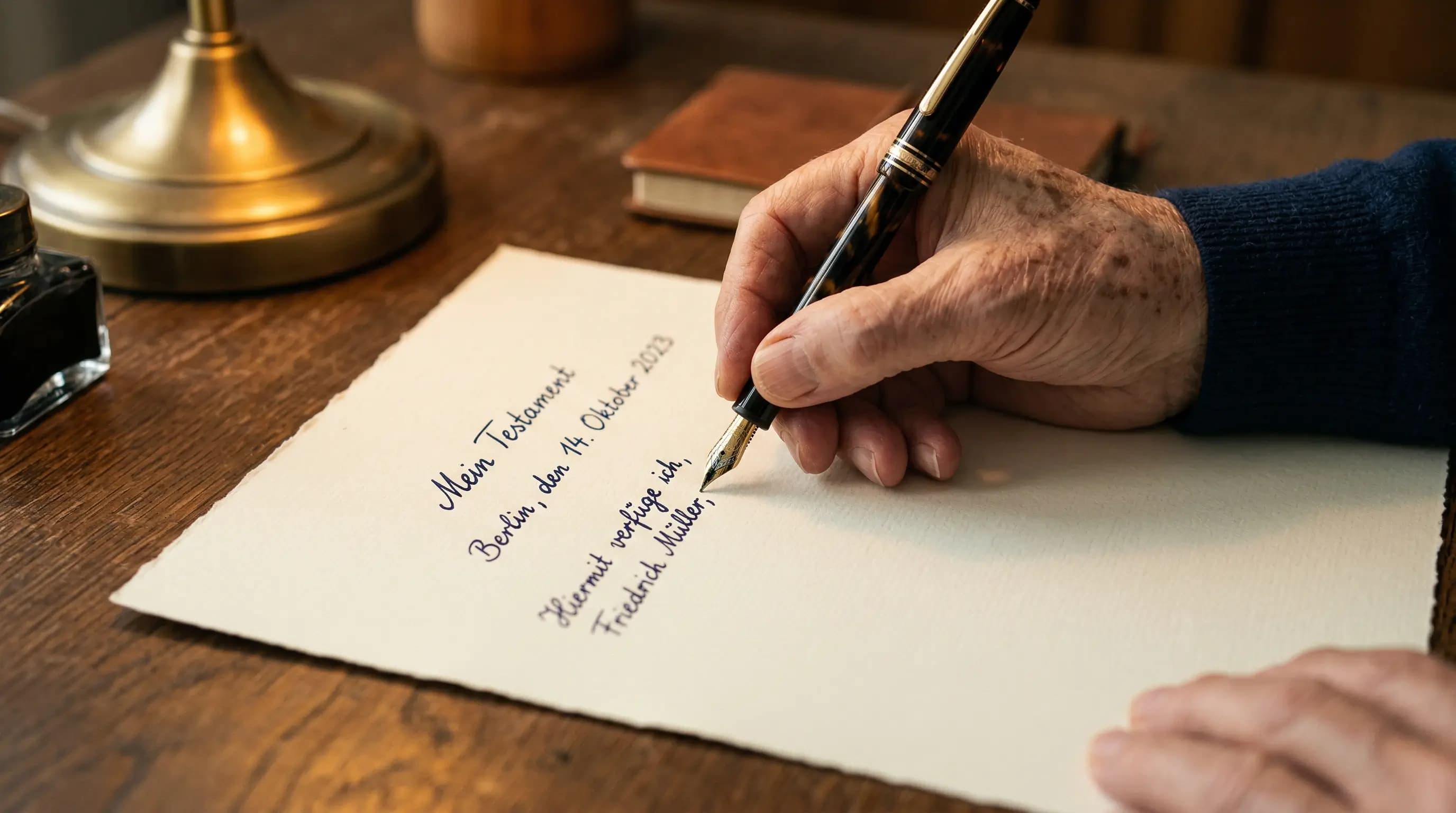 Person schreibt ein handschriftliches Testament mit Füllfederhalter auf weißem Papier