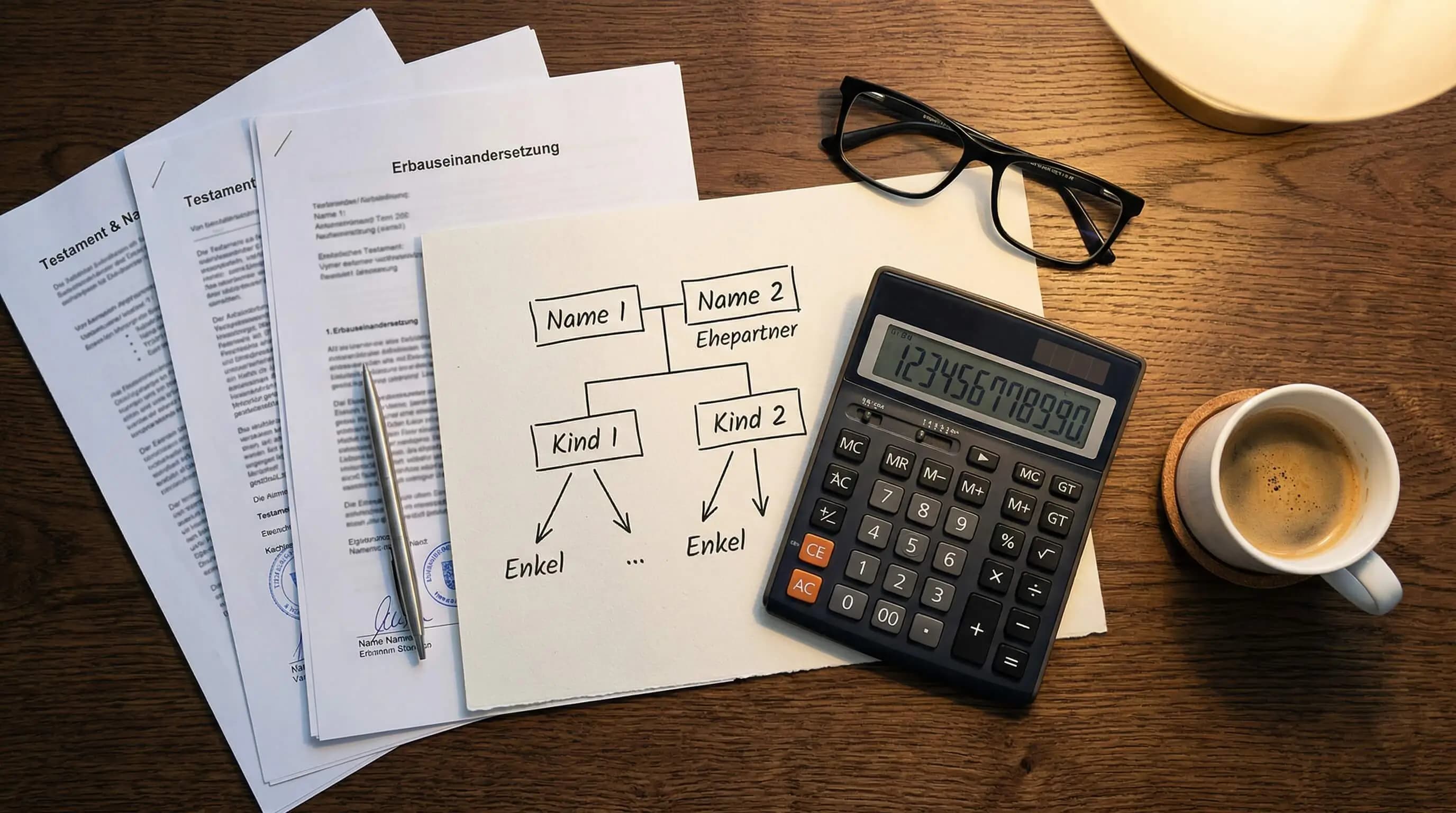 Taschenrechner und Erbschaftsunterlagen auf einem Schreibtisch — Pflichtteil berechnen