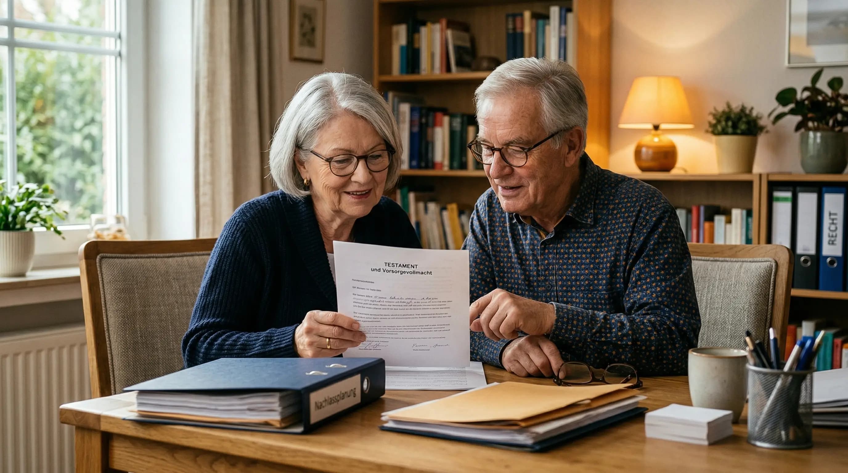 Ehepaar bespricht gemeinsam ihr Testament am Küchentisch