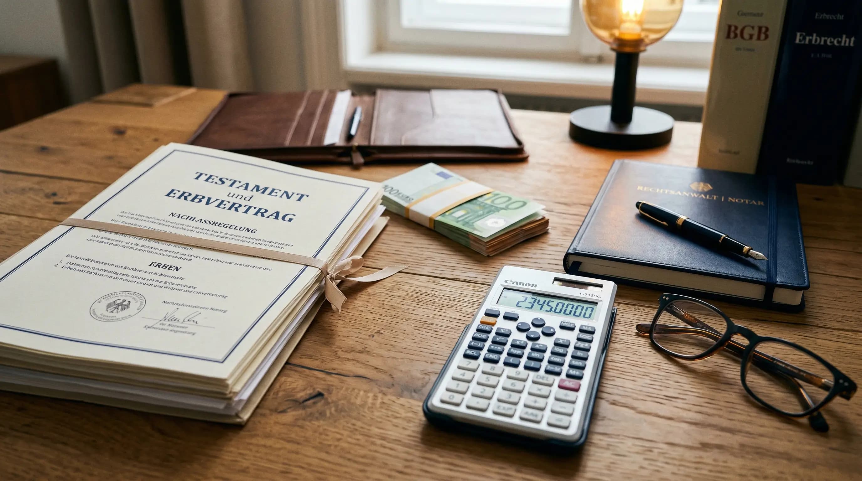Taschenrechner neben einem Testament-Dokument auf einem Holztisch