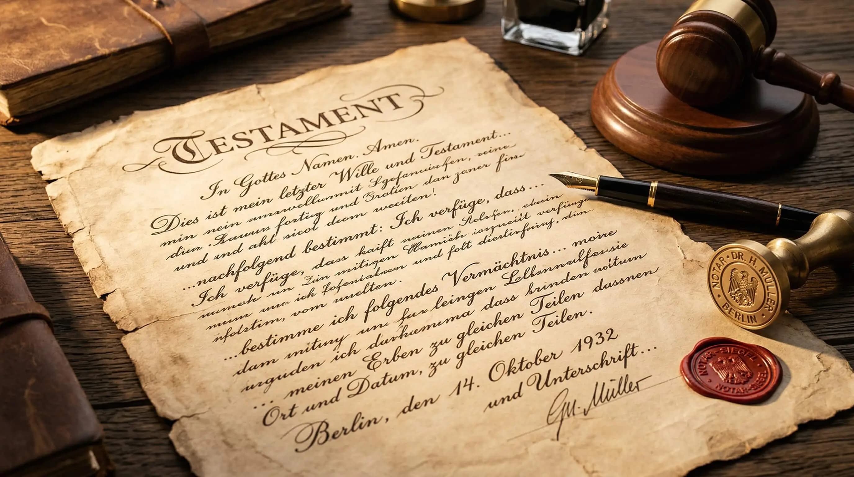 Handschriftliches Testament auf einem Schreibtisch mit Füllfederhalter