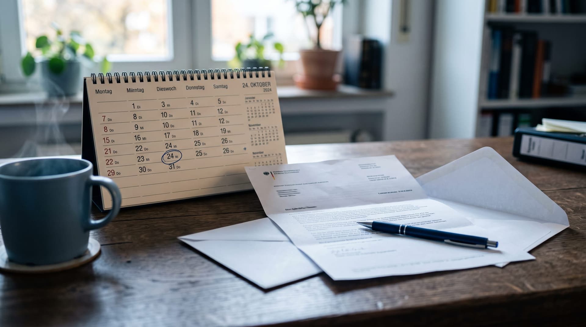 Kalender mit markierter Frist neben einem amtlichen Schreiben auf einem Schreibtisch — Erbe ausschlagen Kosten und Frist
