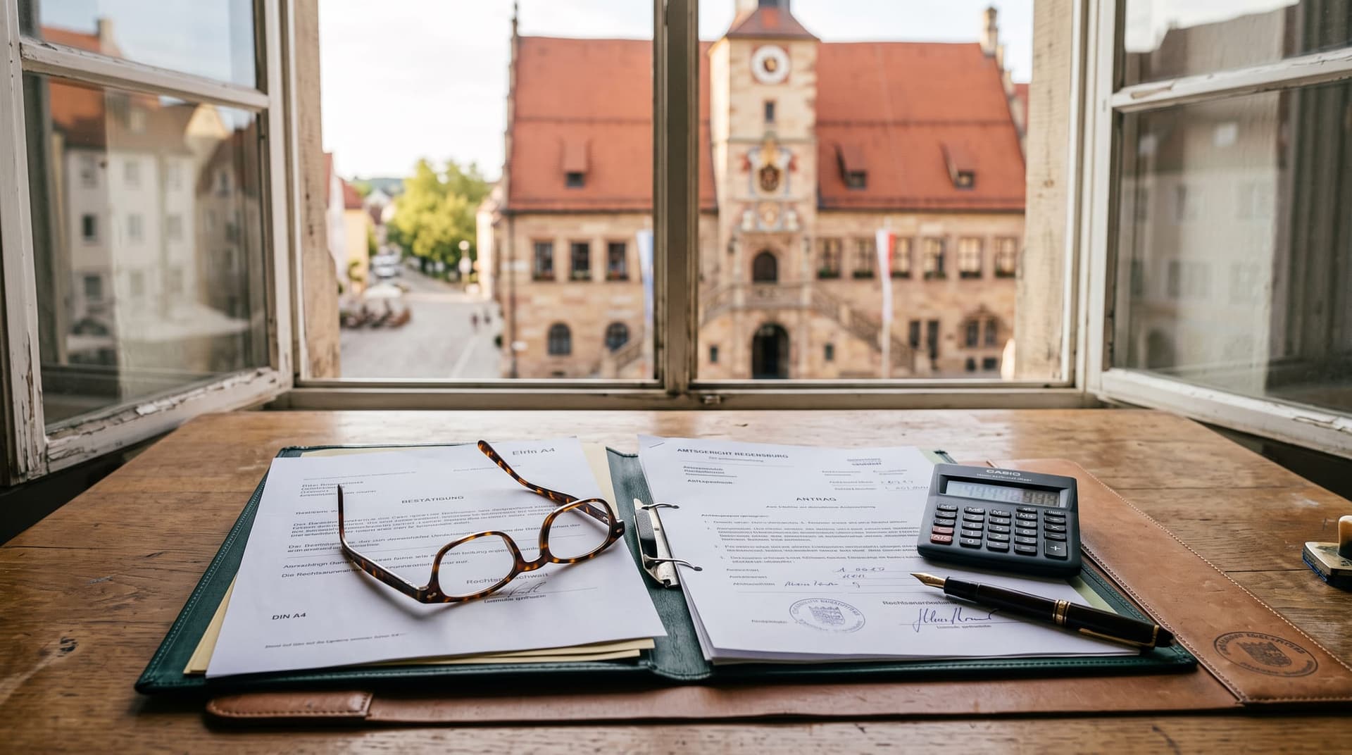 Schreibtisch im Nachlassgericht mit Aktenordner, Taschenrechner und Füllfederhalter, im Fenster ein bayerisches Rathaus — Kosten Erbschein Bayern 2026
